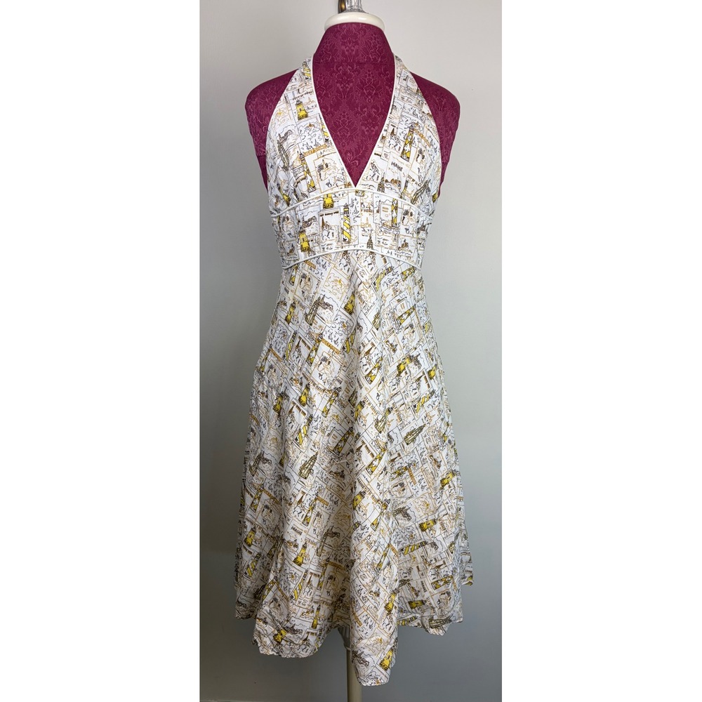 J Crew Halter Dress 8 White Yellow Lighthouse Nautical Map Linen Midi Y2K Resort